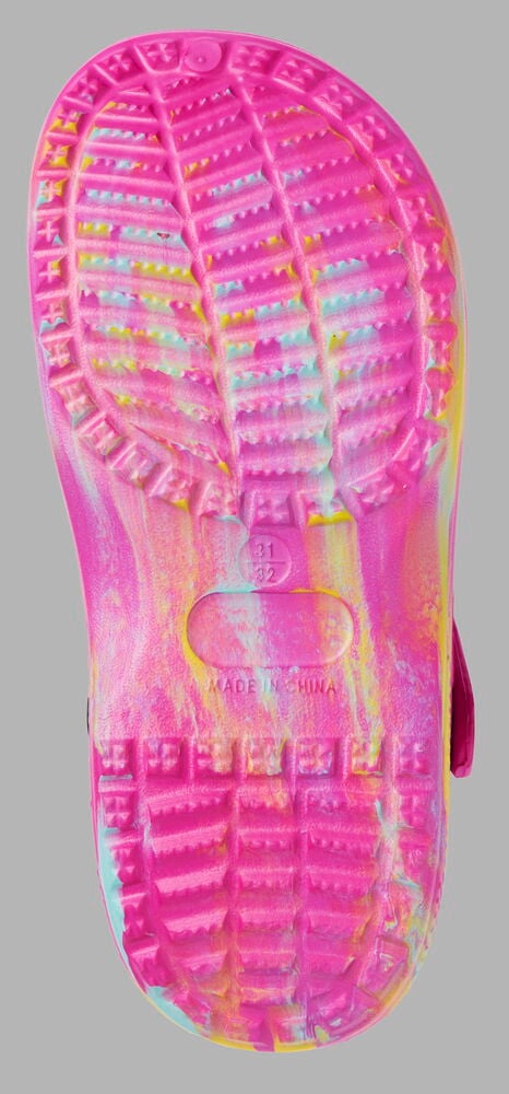 Unteransicht eines Kinderclogs mit rosa, gelber und blauer marmorierter texturierter Sohle.