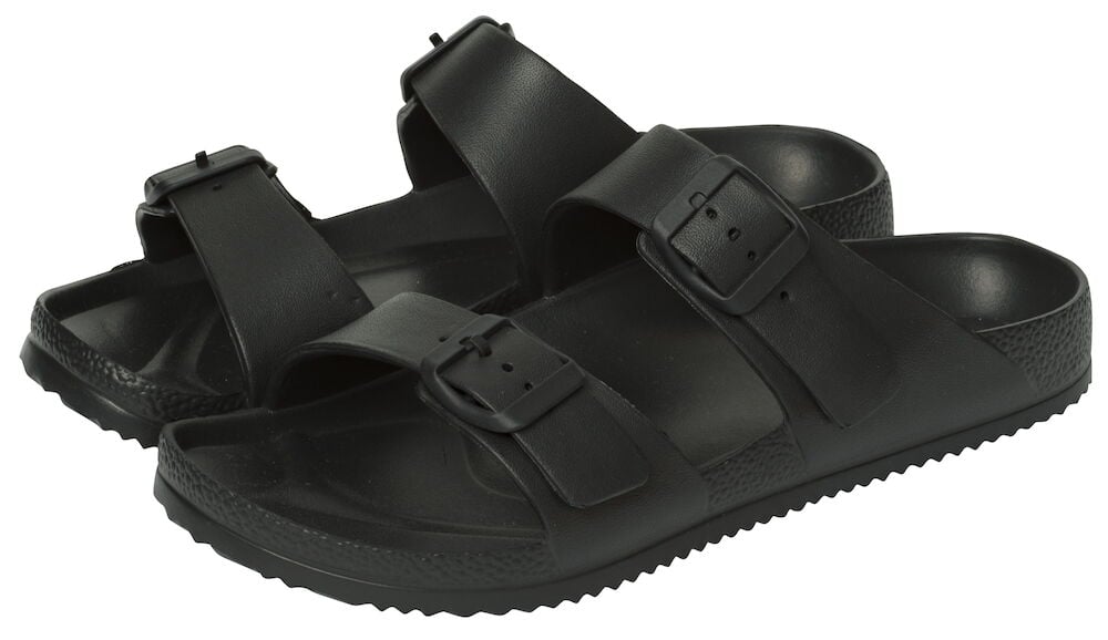 Svarta sandaler med dubbla spännen och räfflad sula.