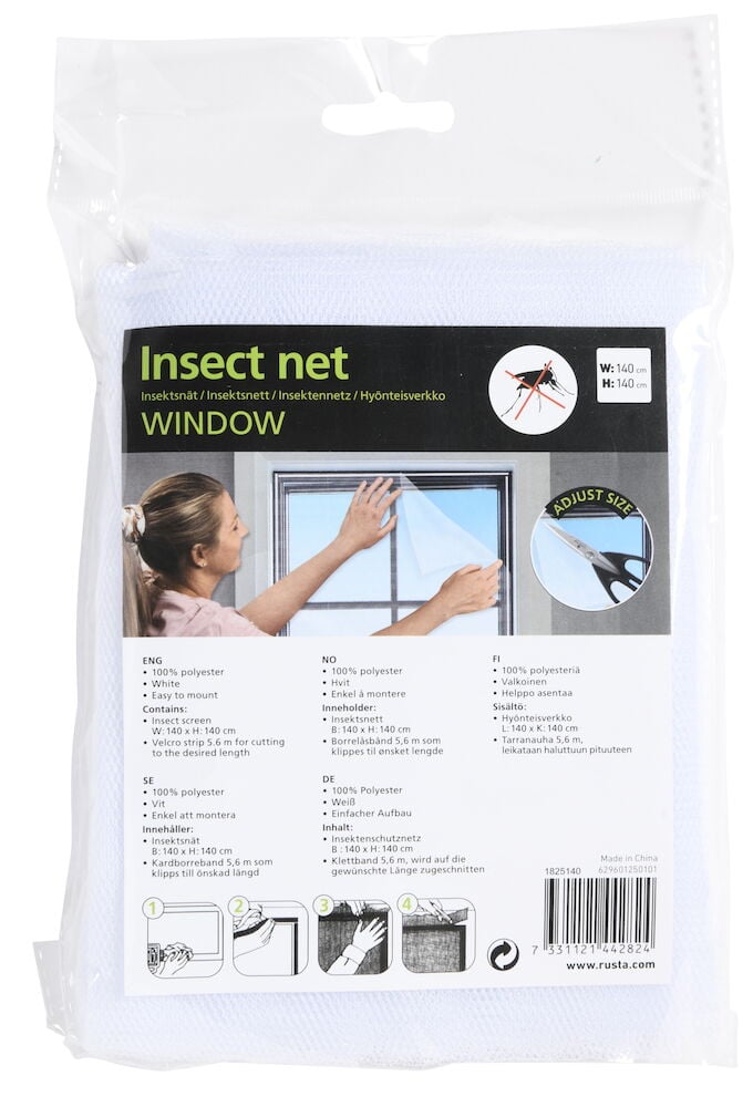 Verpacktes weißes Insektennetz für Fenster, illustrative Etikett.