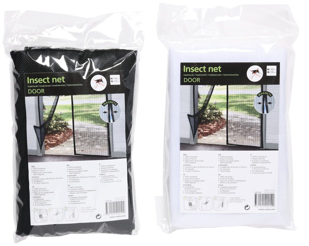 Zwei verpackte Insektenschutznetze für Türen, schwarz und weiß.