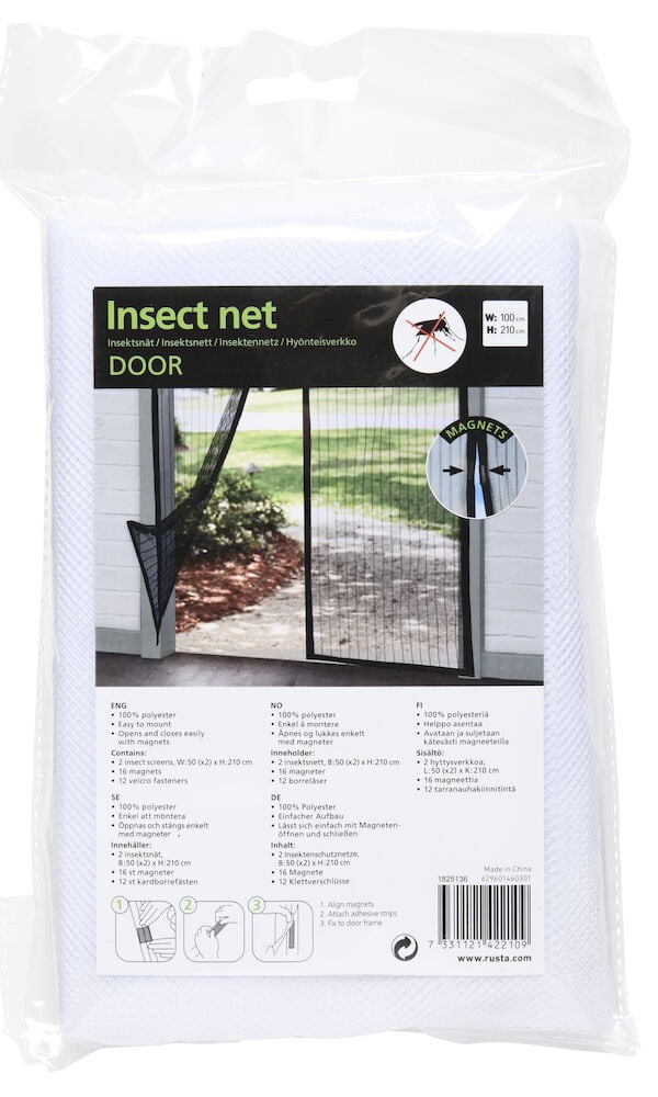 Verpacktes schwarzes Insektenschutznetz für Tür mit Magnet.