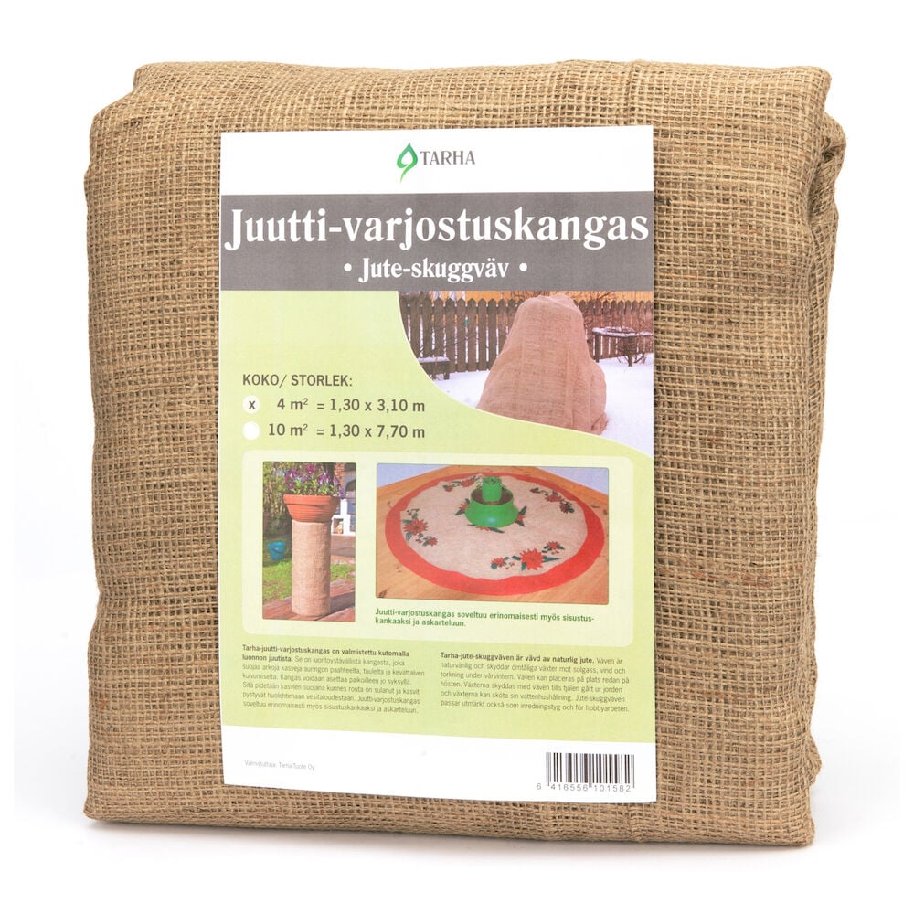 Raskas juuttikangas, jossa on tuote-etiketti edessä.