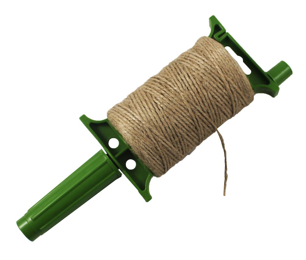 Luonnonvärinen juuttinaru vihreällä muovikelalla.