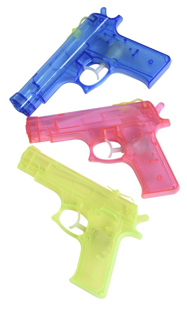Tre vattenpistoler i blått, rosa och gult.