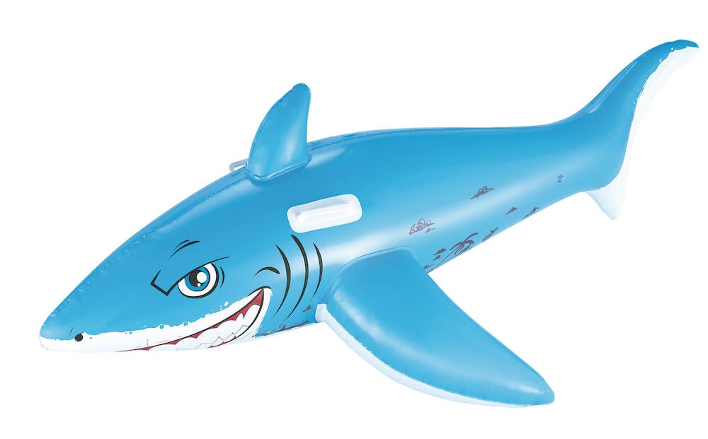 Blaues Aufblasbares Wasserspielzeug Shark 157x71 cm mit weißen Griffen, einer Rückenflosse, Brustflossen und einem Cartoon-Gesicht.