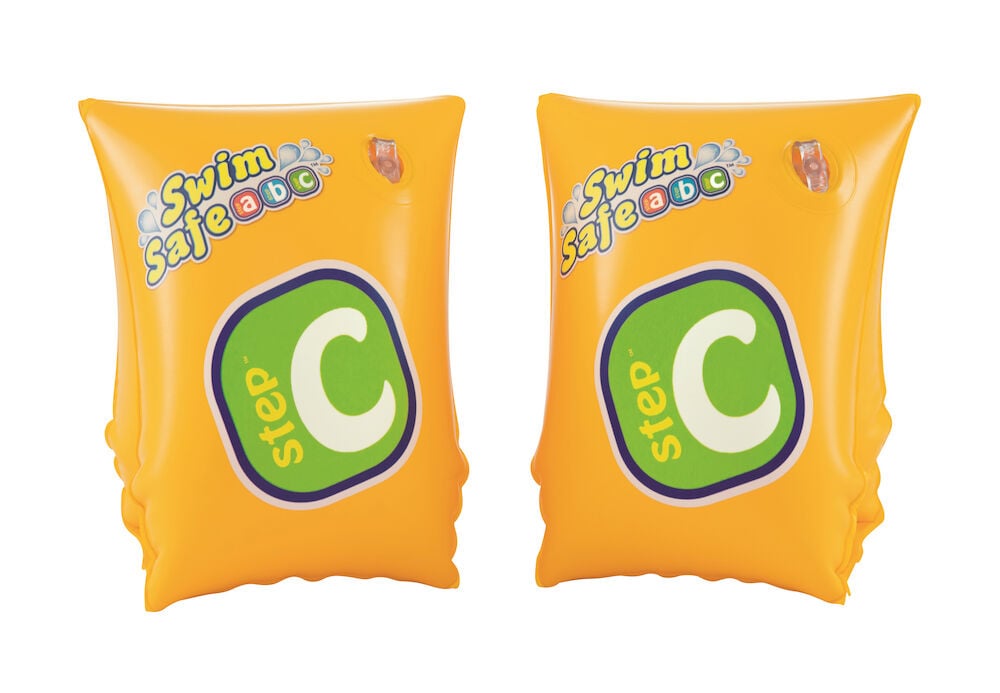 Två gula uppblåsbara armpuffar för barn.