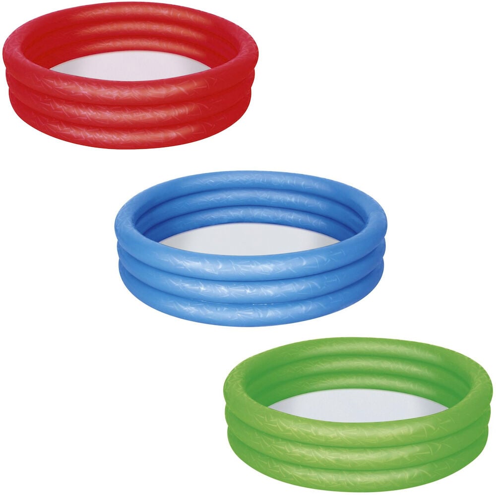 Tre oppblåsbare barnebassenger i rødt, blått og grønt.