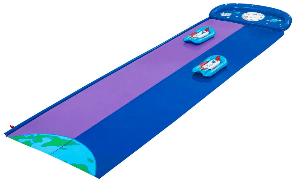 Blå och lila vattenglidbana med två surfbrädor.