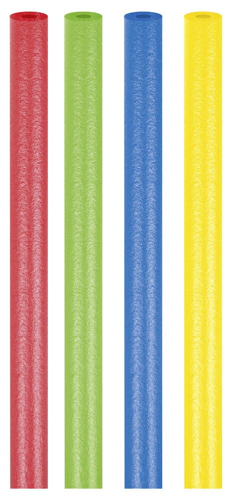 Vier Schwimmstangen in verschiedenen Farben stehend.