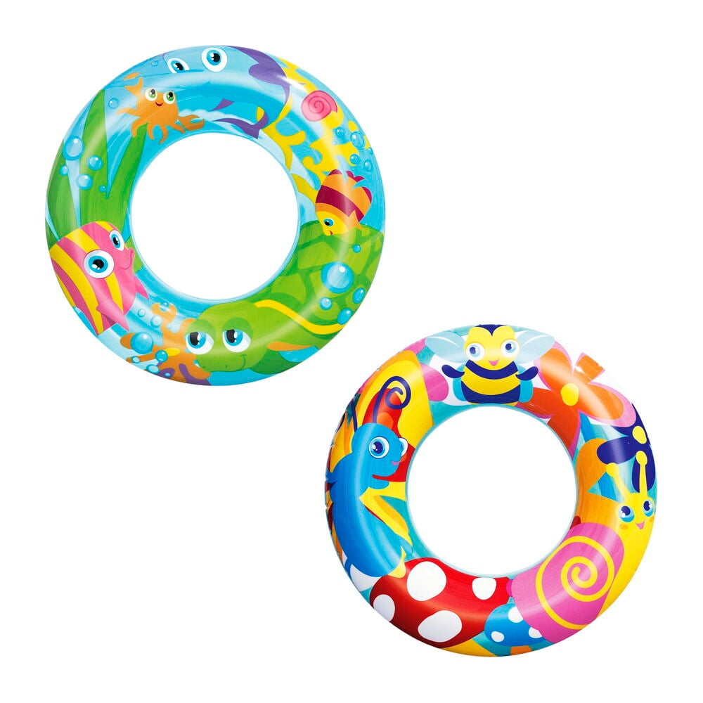 To fargerike oppblåsbare baderinger med dyremotiver.