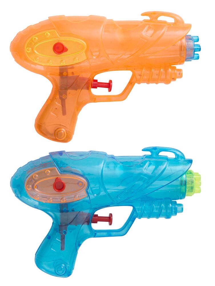 To gjennomsiktige Vannpistol 17 cm, en oransje og en blå, begge med røde avtrekkere og flerfargede dyser.