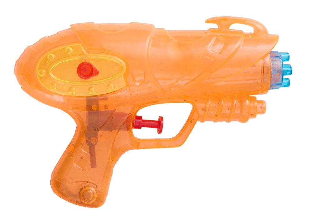 Oransje gjennomsiktig Vannpistol 17 cm med rød avtrekker og blå dysedetaljer.