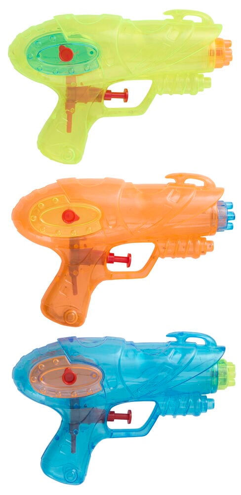 Tre 17 cm vannpistoler i gjennomsiktig plast, neon gul, oransje og blå.
