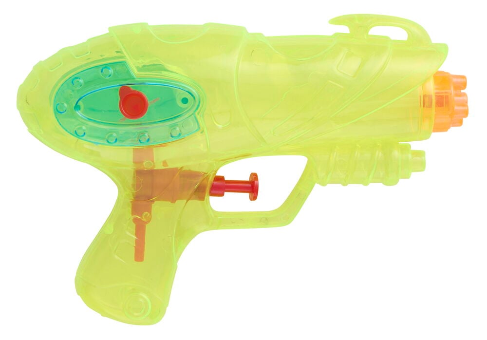 Transparent gul plastvannpistol med rød avtrekker, grønn toppdetalj og oransje munnstykke.