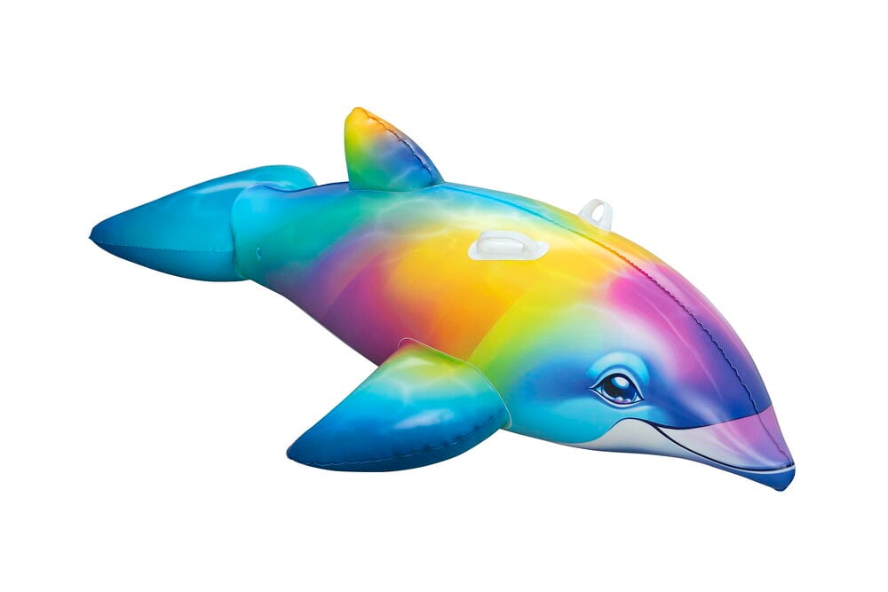 Regnbågsfärgad Uppblåsbar vattenleksak Dolphin 168x66 cm med två vita handtag.