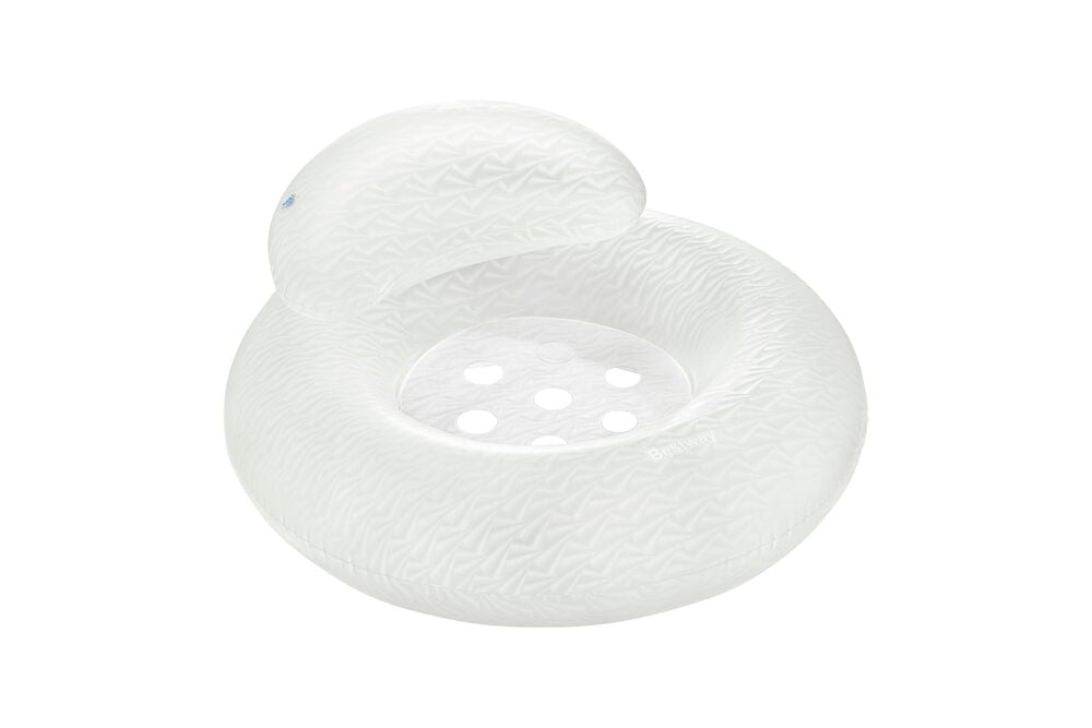 Hvit oppblåsbar vannleke Bestway, sirkulær base, buet ryggstøtte, mønster, gjennomsiktig senter med hull.