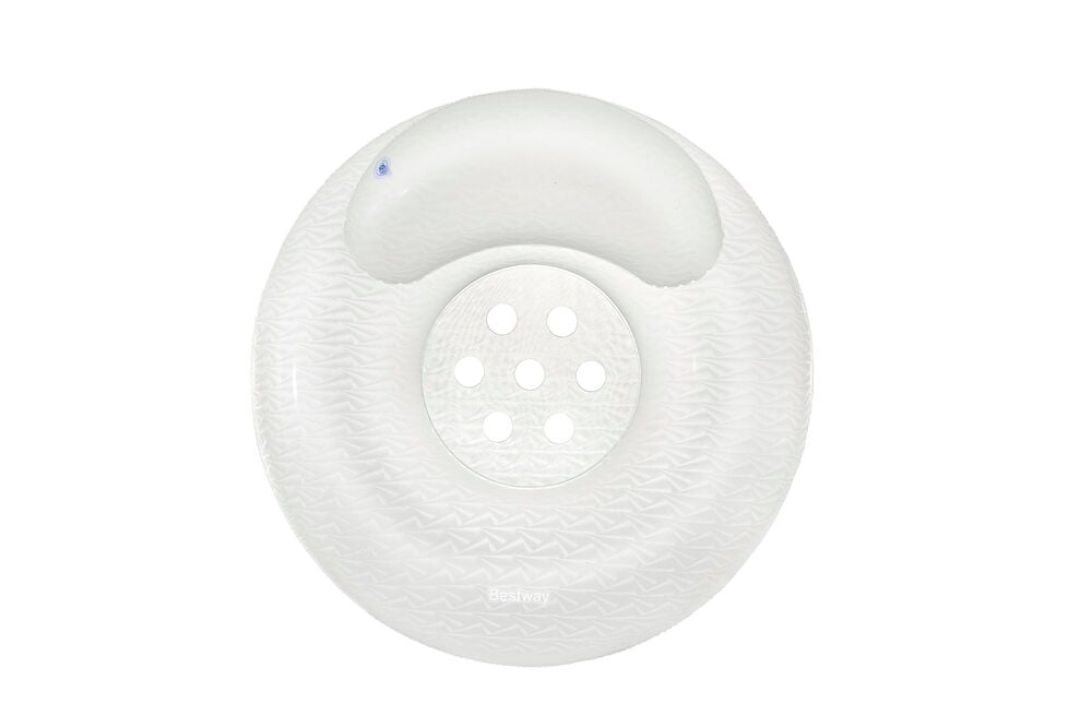 Hvit rund oppblåsbar vannleke Bestway med hevet nakkestøtte, nettingbunn og geometrisk mønster.