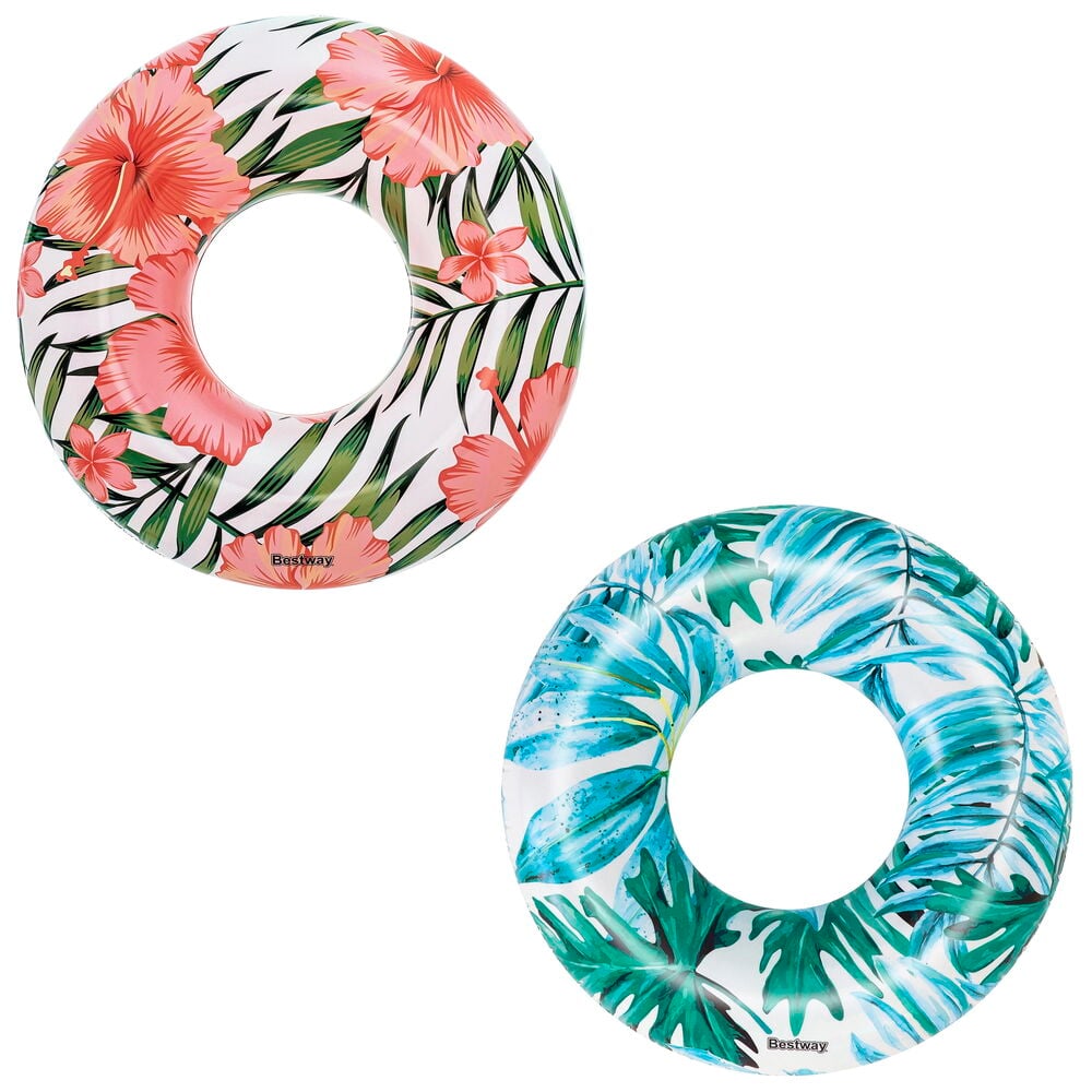 Kaksi pyöreää Puhallettava uimarengas Bestway, toinen vaaleanpunaisin kukin ja vihreillä lehdillä, toinen sinivihreillä lehdillä.