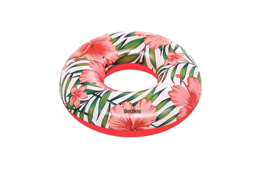 Puhallettava uimarengas Bestway, valkoinen punaisella ja vaaleanpunaisella kukka- ja vihreällä palmukuvioinnilla, punainen sisäreunus.
