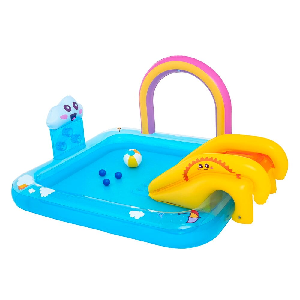 Oppblåsbar blå lekebasseng med regnbuebue, sky-sprayer, gul sklie, en stripete og tre blå baller.