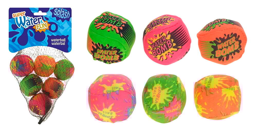 Ett Vattenbollar 6-pack i nätpåse, med färgglada tygbollar, samt fler individuella bollar visas separat.