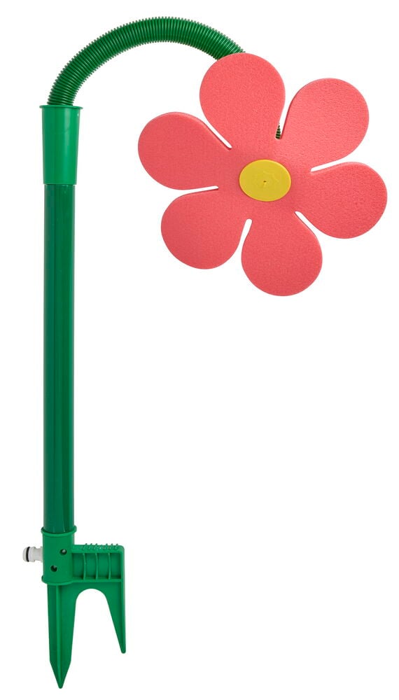 En grön och korallfärgad Dansande sprinkler formad som en blomma med gult centrum och markspett.