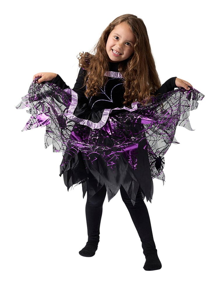 Kind in schwarz-lila Spinnen-Kostüm S (4–5 y), M (6–8 y), L (9–10 y) Gr. Verschiedene Sorten und schwarzen Leggings.