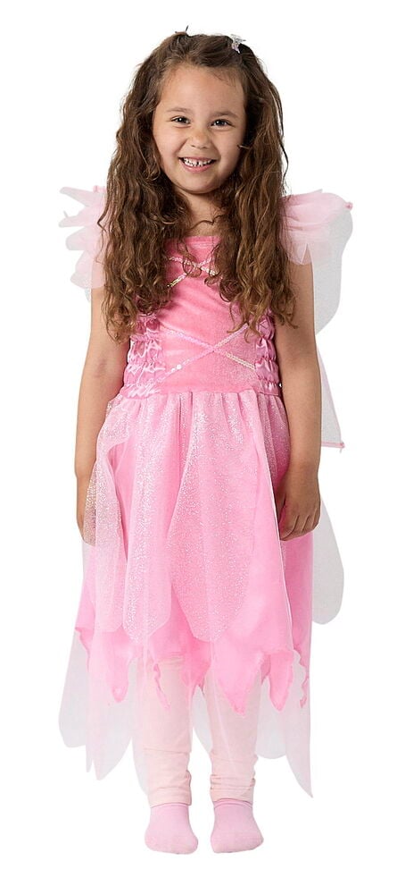 Vorderansicht eines Kindes in rosa Kostüm S (4–5 y) Feenkleid mit Flügeln, passenden Leggings und Socken.