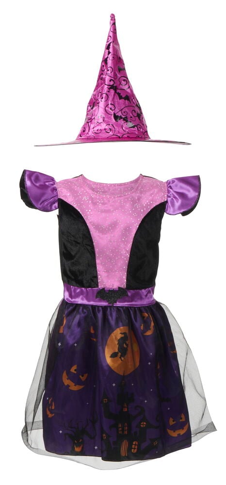 En maskeraddräkt för barn med en glittrig rosa, svart och lila klänning med Halloween-tryck och matchande rosa häxhatt.