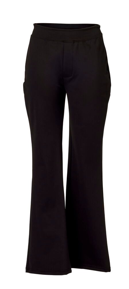Eine schwarze Bootcut-Hose mit breitem Gummibund, Vorderansicht.