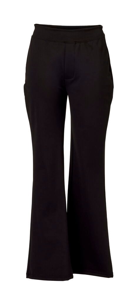 Schwarze Hose Bootcut mit elastischem Bund und ausgestellten Beinen, in der Vorderansicht.