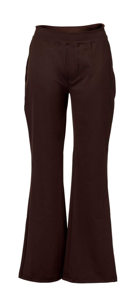 Braune Bootcut Hose mit hohem Elastikbund und Seitentaschen, Vorderansicht.