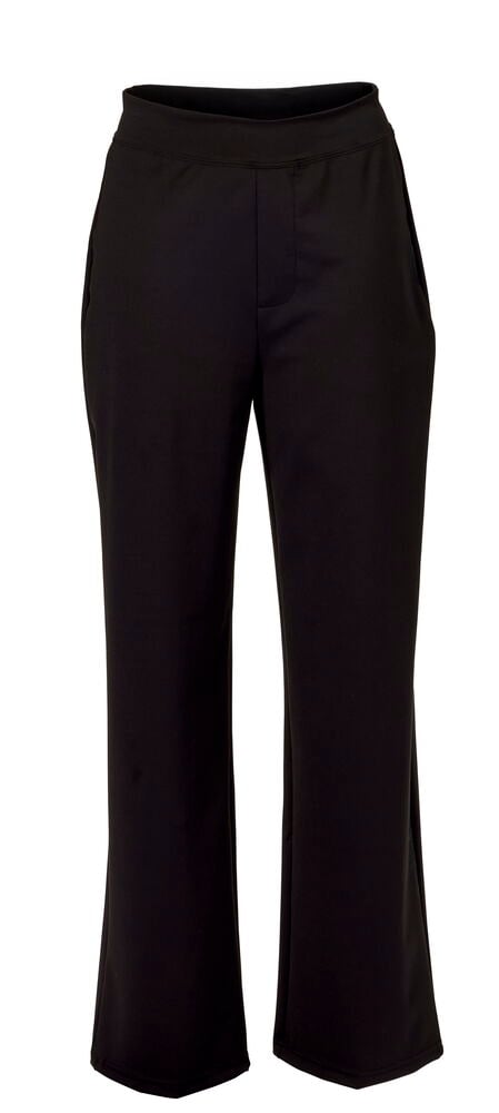 Eine schwarze Hose mit weitem Bein, flachem Bund und Fronttaschen, in Vorderansicht gezeigt.