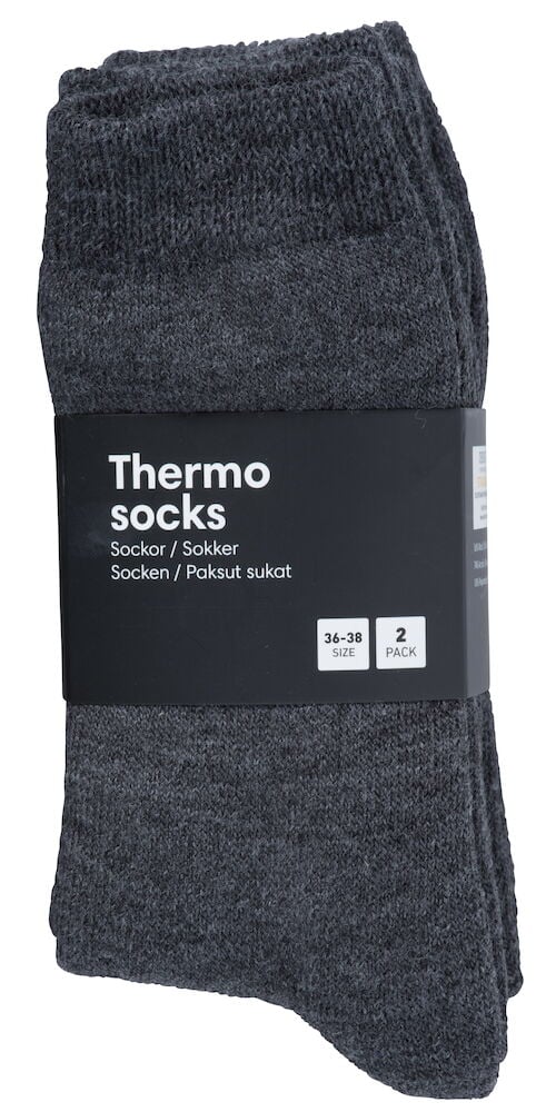 Två par grå termostrumpor med svart etikett.