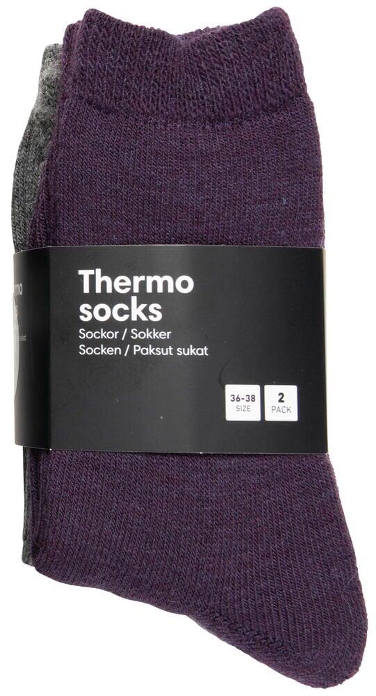 Två par tjocka strumpor i olika färger.