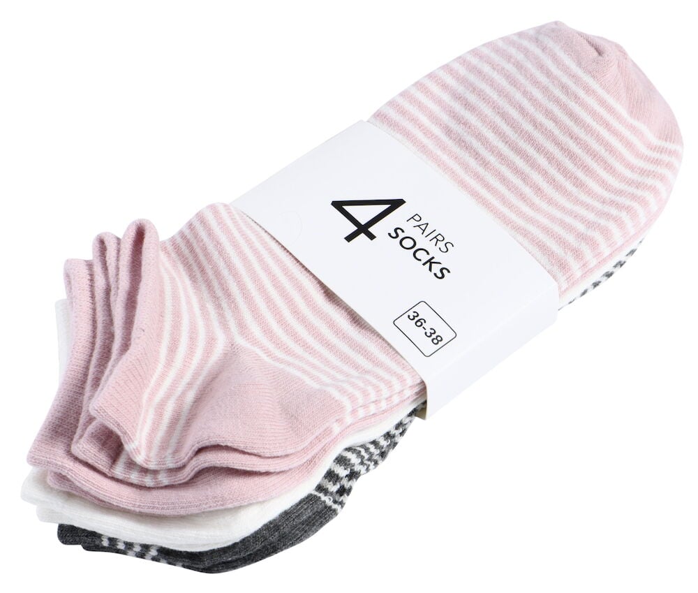 Fyra färgglada ankelstrumpor med diskreta ränder.