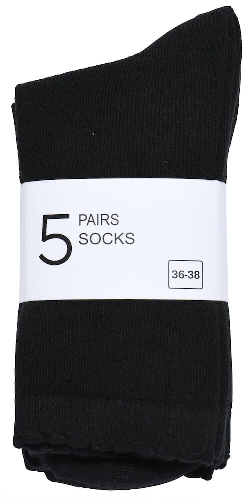 Fem svarta stödstrumpor i nylon tillsammans i förpackning.