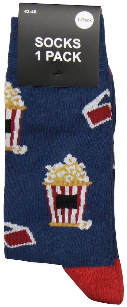 Sininen sukka popcorn-kuviolla ja punaisilla yksityiskohdilla.
