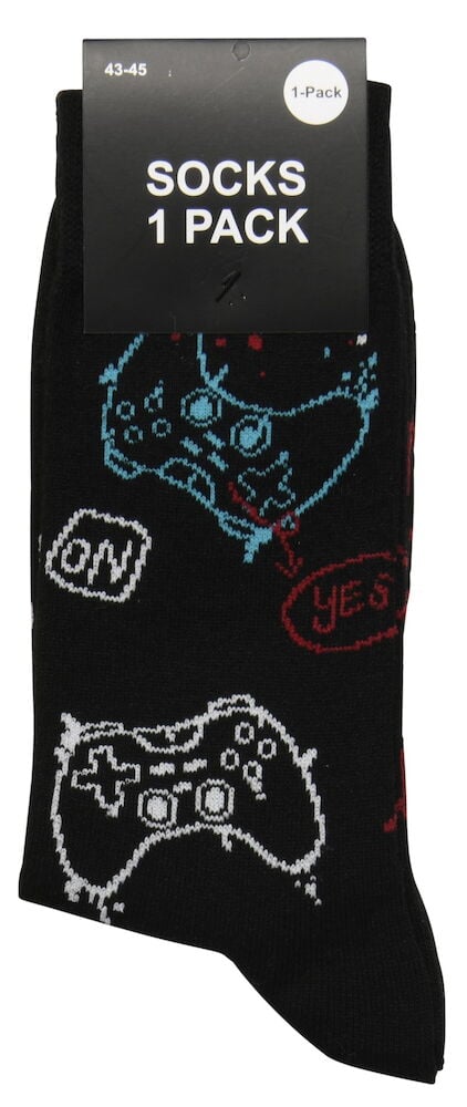 Musta sukka värikkäillä peliohjaimilla ja tekstillä.