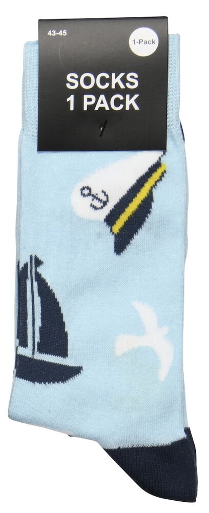 Vaaleansininen sukka meriteemalla ja mustilla yksityiskohdilla.