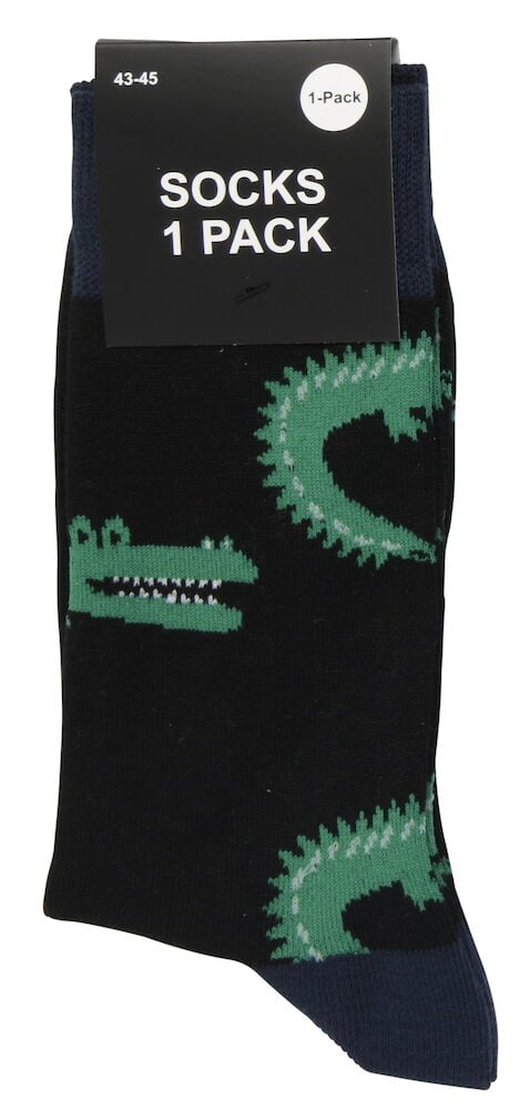 Mustat sukat, joissa on vihreä krokotiilikuvio.