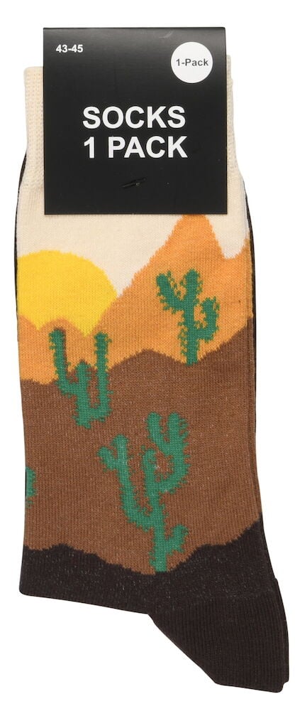 Värikäs sukka, jossa on kaktuksia ja vuorimaisema.