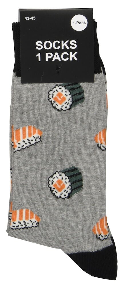 Harmaa sukkapari sushikuviolla yhdessä pakkauksessa.