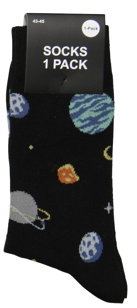 Musta sukka, jossa on planeettojen ja tähtien kuvio.