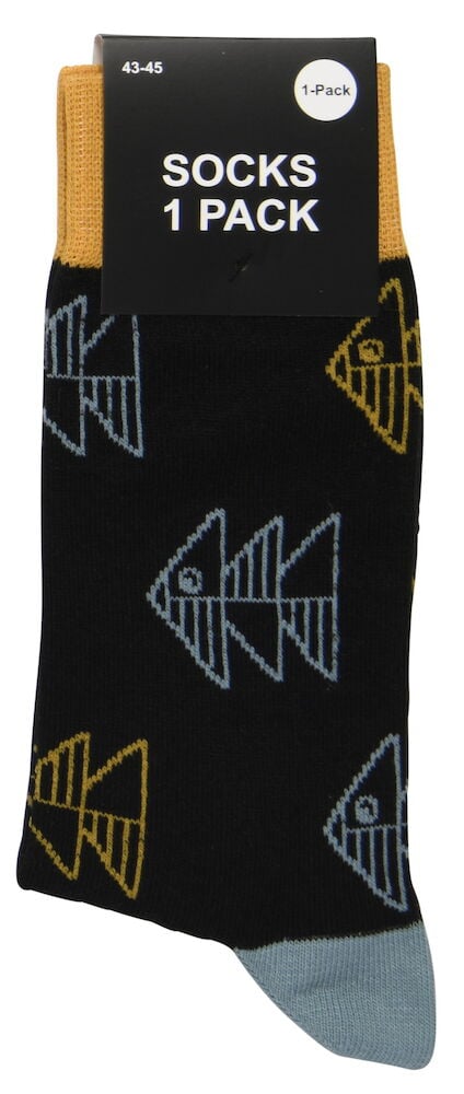 Musta sukka, jossa värikkäitä kalakuvioita.