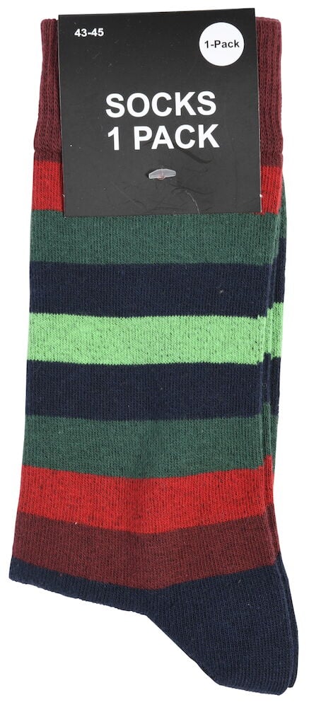 Raidalliset puuvillasukat eri väreissä yhdessä pakkauksessa.