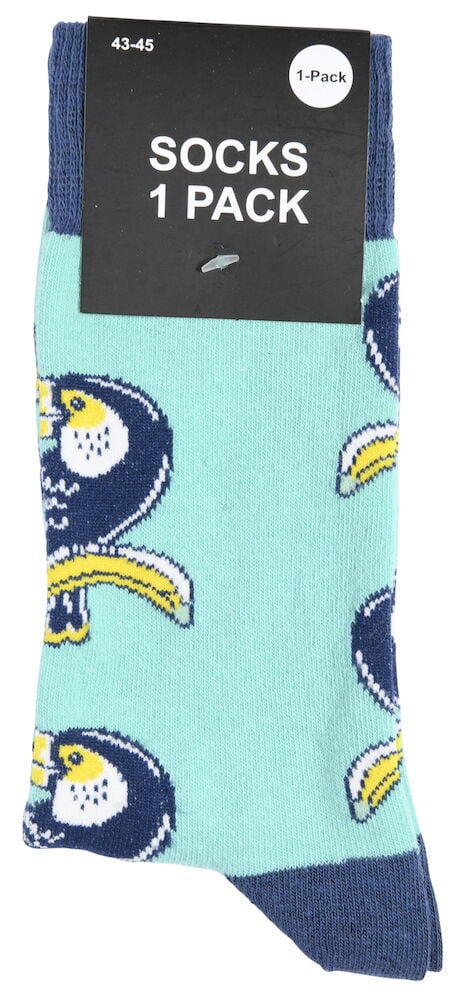 Siniset sukat, joissa on värikäs lintukuvio.