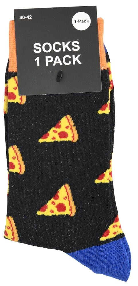Mustat sukat pizza-aiheisella kuviolla ja värillisillä yksityiskohdilla.