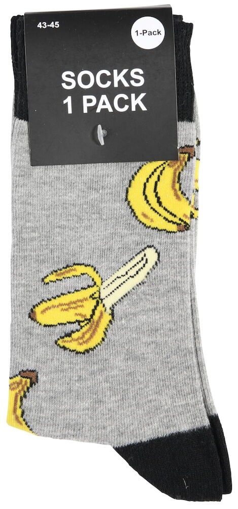 Harmaat sukat banaanikuvioilla ja mustilla varpailla.