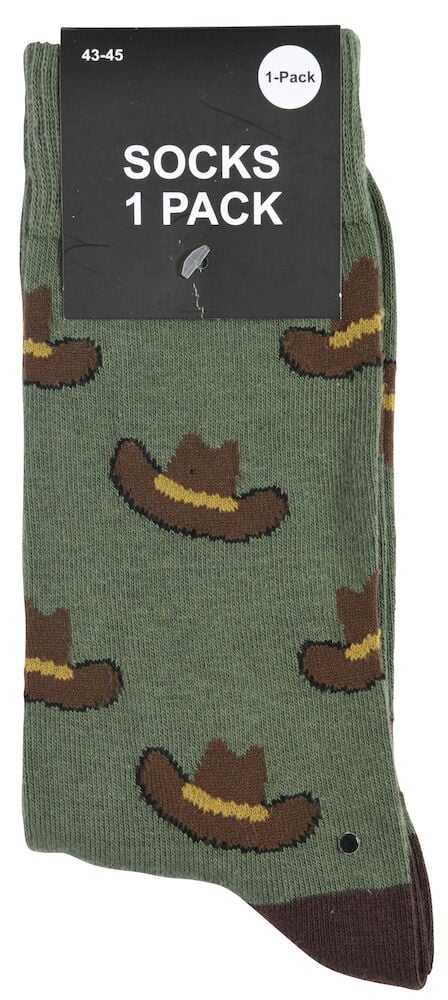 Vihreät sukat cowboyhattu-kuviolla.